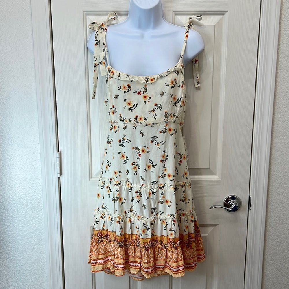 Vine And Valley Summer Dress Large Tie Back Floral Tiered Ruffled Zip Skirt Mini